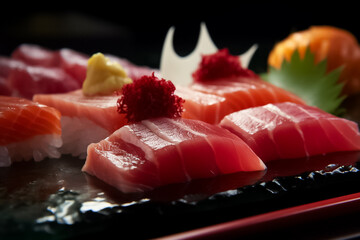 Close up to 3d Model Mocking up the sliced raw tuna piece cube with salmonkun isolated on black background. Tuna sashimi, raw fish in traditional Japanese style. Generative AI.