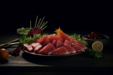 Close up to 3d Model Mocking up the sliced raw tuna piece cube with salmonkun isolated on black background. Tuna sashimi, raw fish in traditional Japanese style. Generative AI.