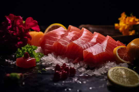 Close up to 3d Model Mocking up the sliced raw tuna piece cube with salmonkun isolated on black background. Tuna sashimi, raw fish in traditional Japanese style. Generative AI.