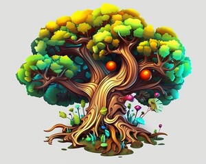 an illustration of an old tree with fruit on it