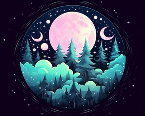an illustration of the night sky with a full moon and trees