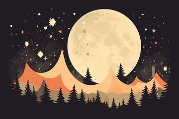 an illustration of the night sky with trees and a full moon