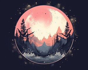 Naklejka premium an illustration of the night sky with trees and mountains