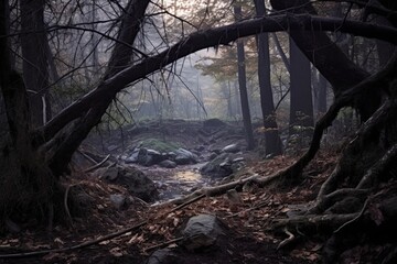 an image of a dark forest with trees and rocks