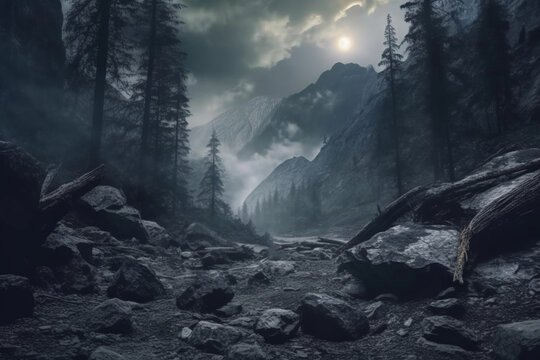 an image of a dark forest with rocks and trees