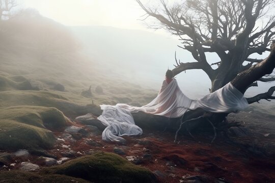 an image of a dead tree with a white sheet draped over it