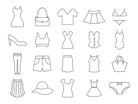 Icons of women's clothing. Vector image. a set of linear icons.