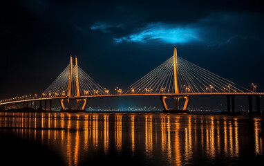 Fototapeta premium Highway bridge across a river. Sunset at the bridge across river. Bridge across river against sunset sky. Generative AI.