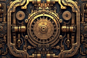 an image of a gold and black background with gears