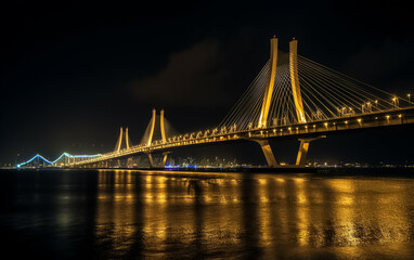 Obraz premium Highway bridge across a river. Sunset at the bridge across river. Bridge across river against sunset sky. Generative AI.