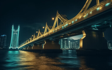 Fototapeta premium Highway bridge across a river. Sunset at the bridge across river. Bridge across river against sunset sky. Generative AI.