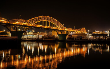 Naklejka premium Highway bridge across a river. Sunset at the bridge across river. Bridge across river against sunset sky. Generative AI.