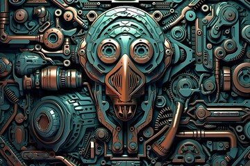 an image of a robot head surrounded by gears