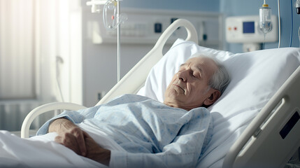 Mature male patient lies in a hospital room