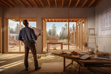Fototapeta premium carpenter holds wooden planks on construction site