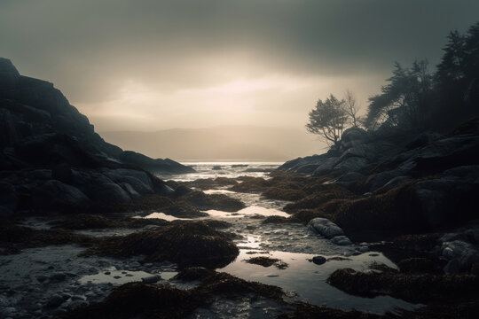 an image of a rocky shore with trees and water