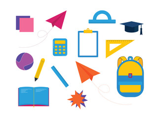 back to school, school icons set, vector flat illustration hand drawn school set equipment