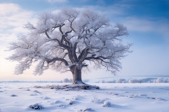 an image of a tree covered in snow in the middle of a field
