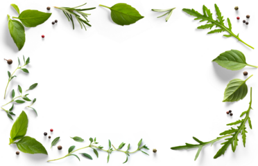 frame / border PNG Food design element. Spices and herbs with real transparent shadow on transparent background. Variety of spices and mediterranean herbs.