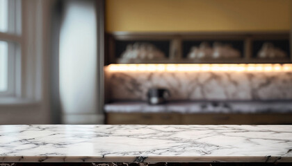 Empty white marble table and blurred background of modern bedroom interior. for product display