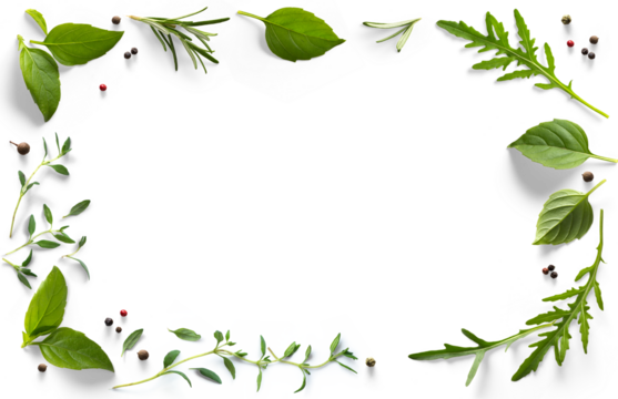 frame / border PNG Food design element. Spices and herbs with real transparent shadow on transparent background. Variety of spices and mediterranean herbs.