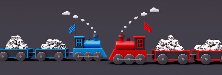 War suffering on both sides concept. Train and wagons filled with human skulls on grey background 3d render