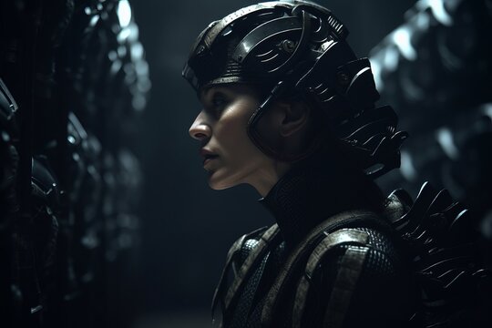 an image of a woman wearing a helmet in a dark room