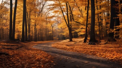 an image of an autumn road in the woods