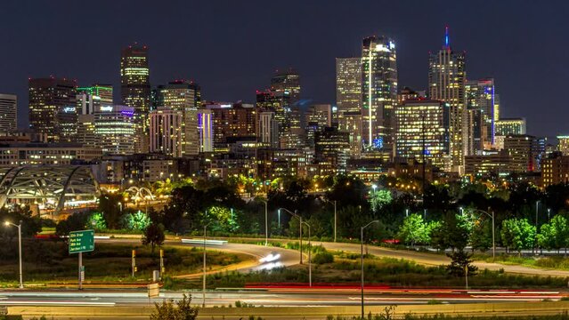 Skyline at Night with traffic, time-lapse, long exposure, Denver, Colorado, 4K