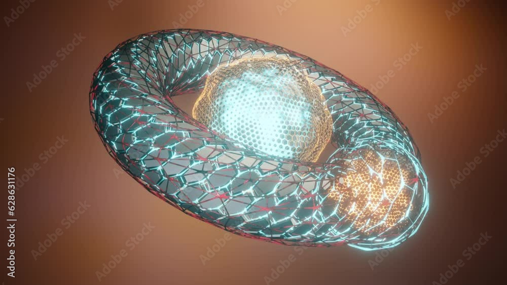 Poster loop 3d animation. abstract geometric figure of a set of hexagons. a torus of metal segments and a s