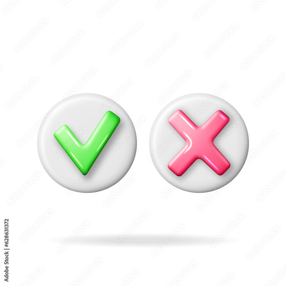 Poster 3d right and wrong button shape. green yes and red no correct incorrect sign. checkmark tick rejecti