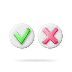 3D Right and Wrong Button Shape. Green Yes and Red No Correct Incorrect Sign. Checkmark Tick Rejection, Cancel, Error, Stop, Negative, Agreement Approval or Trust Symbol. Vector Illustration