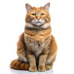 an orange tabby cat sitting down on a white background