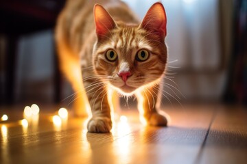 an orange tabby cat walking on a wooden floor with christmas lights