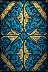 an ornate blue and gold pattern on a black background