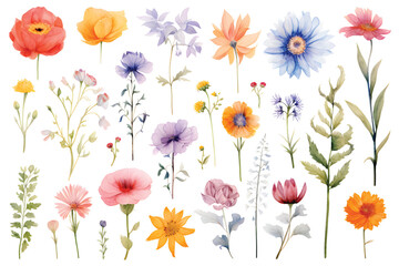 various watercolor painting of summer flowers,wet,white background,isolated.GenerativeAI.