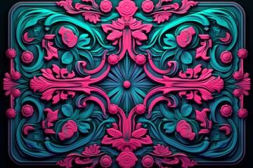 an ornate design on a black background with pink and blue colors