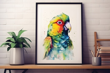 Modern composition with mockup image.watercolor in modern frame a parrot mockup.Parrot bird looks cool and minimalist with mockup design style.GenerativeAI.