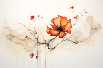 watercolor of maple flower,paint streaks,ink line,conbine black line strocke.GenerativeAI.