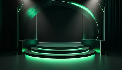 Green Display mock up 3D luxury stage with LED light and simple shape decoration around it. generative AI
