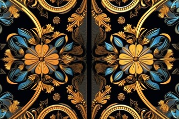 an ornate gold and blue floral pattern on a black background