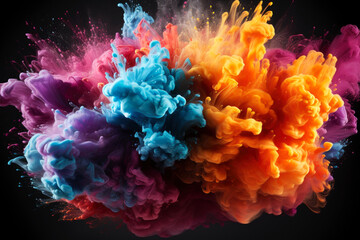 Multicolored powder, smoke and ink explode on a black background, colored abstract background