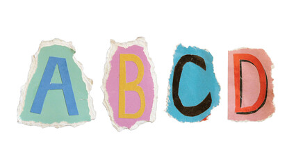 A, B, C and D alphabets on torn colorful paper . Ransom note style letters.