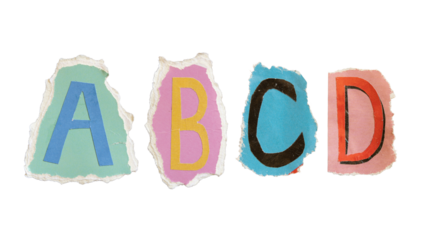 A, B, C and D alphabets on torn colorful paper . Ransom note style letters.