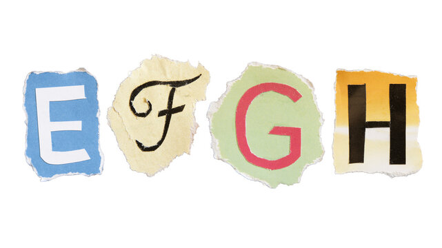 E, F, G and H alphabets on torn colorful paper . Ransom note style letters.