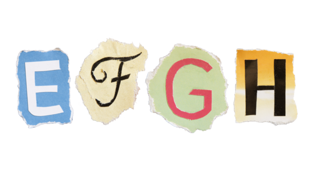 E, F, G and H alphabets on torn colorful paper . Ransom note style letters.