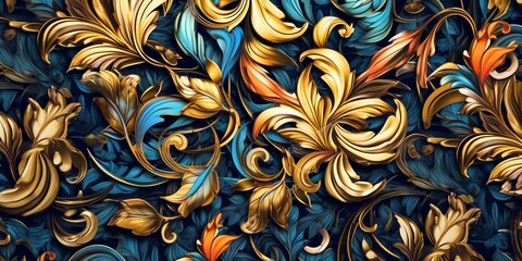 an ornate wallpaper with gold and blue flowers on it