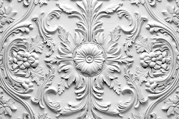 an ornate white wall with a floral design