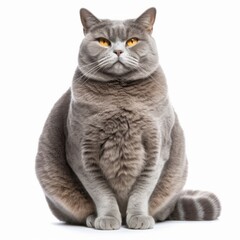 an overweight cat sitting down on a white background