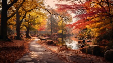 autumn landscape in the park with trees and water